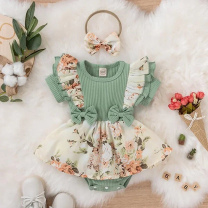 Striped Jumpsuit Summer Dress With Bowknot Headband Cotton Dress For Crawling Clothes Floral Clothes