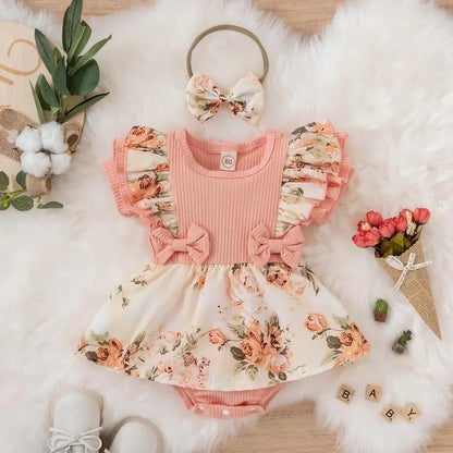 Striped Jumpsuit Summer Dress With Bowknot Headband Cotton Dress For Crawling Clothes Floral Clothes