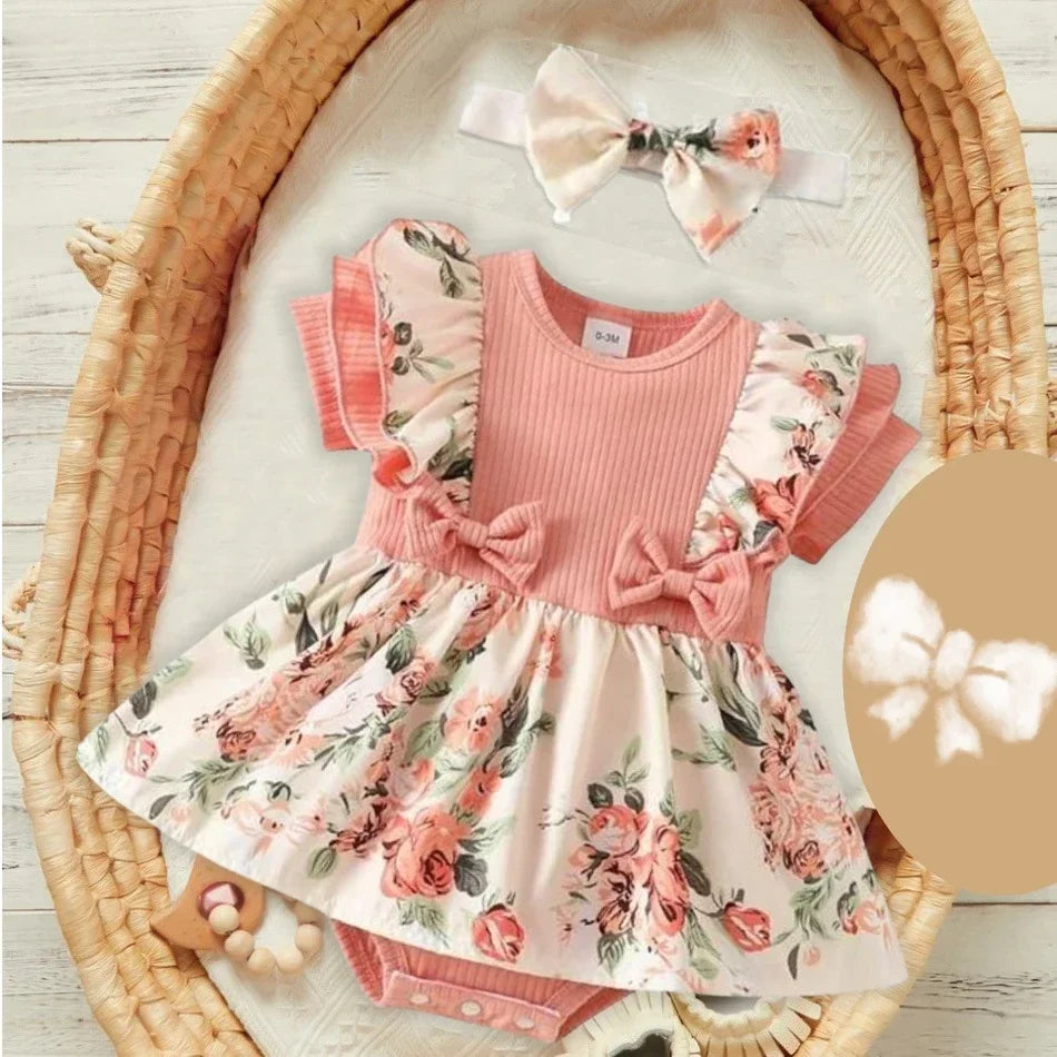 Striped Jumpsuit Summer Dress With Bowknot Headband Cotton Dress For Crawling Clothes Floral Clothes