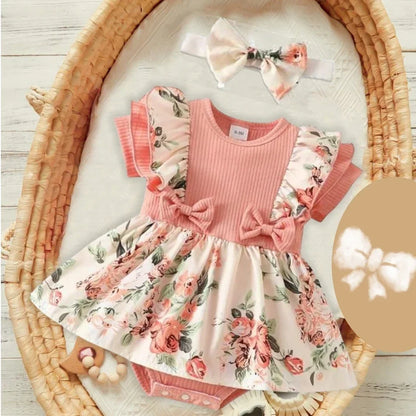 Striped Jumpsuit Summer Dress With Bowknot Headband Cotton Dress For Crawling Clothes Floral Clothes