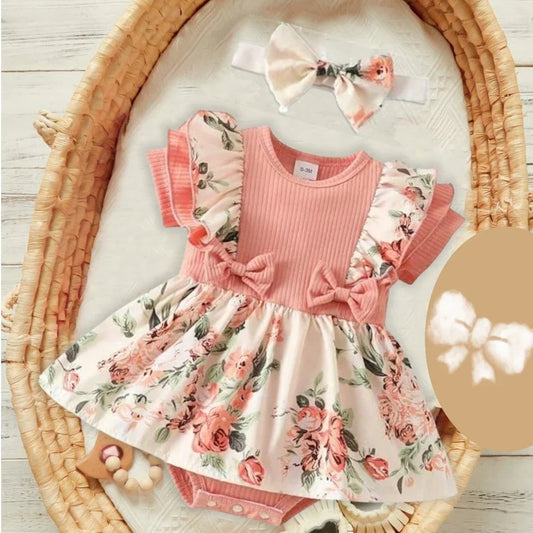 Striped Jumpsuit Summer Dress With Bowknot Headband Cotton Dress For Crawling Clothes Floral Clothes