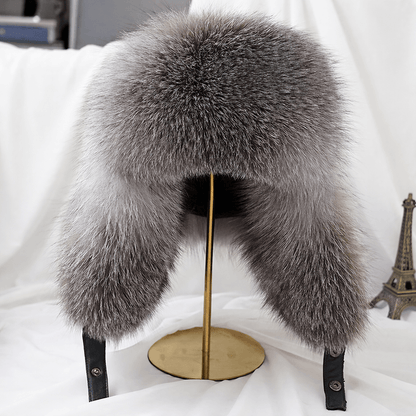 Men Real Silver Fox Fur Bomber Hat, Raccoon Fur Cap, Russian Trapper Ski Hats, Leather Winter Hat for Men