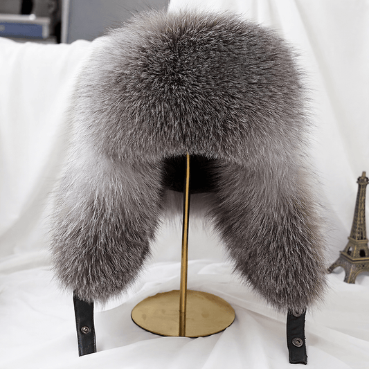 Men Real Silver Fox Fur Bomber Hat, Raccoon Fur Cap, Russian Trapper Ski Hats, Leather Winter Hat for Men