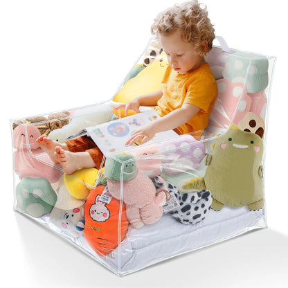 Kids 2-in-1 Storage Stool Chair with Transparent Toy Organizer Bag | Thickened PVC Creative Storage Box Seat