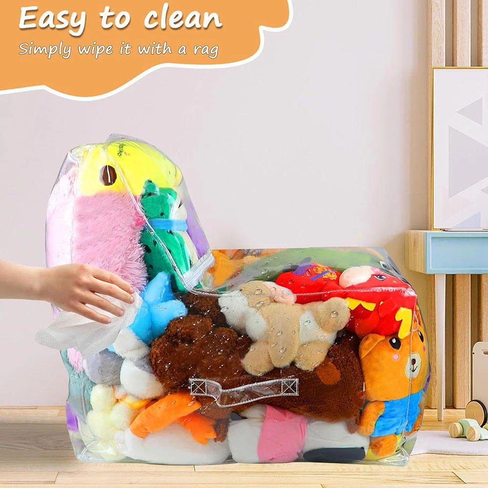 Kids 2-in-1 Storage Stool Chair with Transparent Toy Organizer Bag | Thickened PVC Creative Storage Box Seat