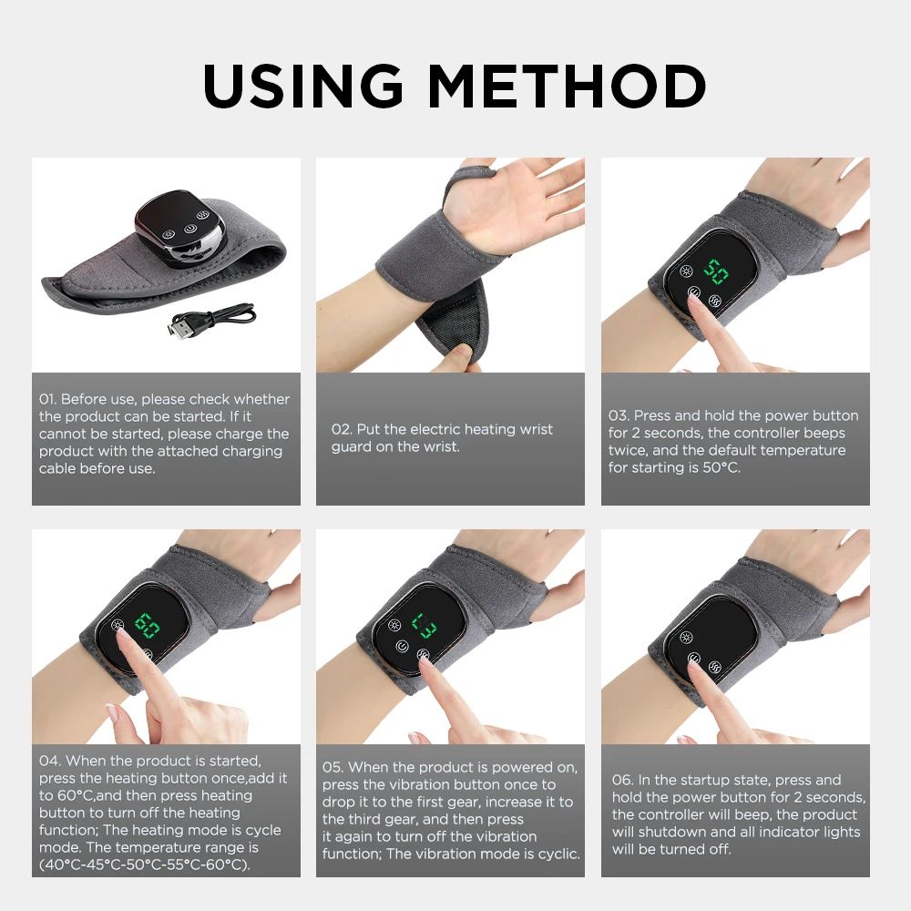 Electric Heated Wrist & Hand Massager Brace with Adjustable Heat and Vibration