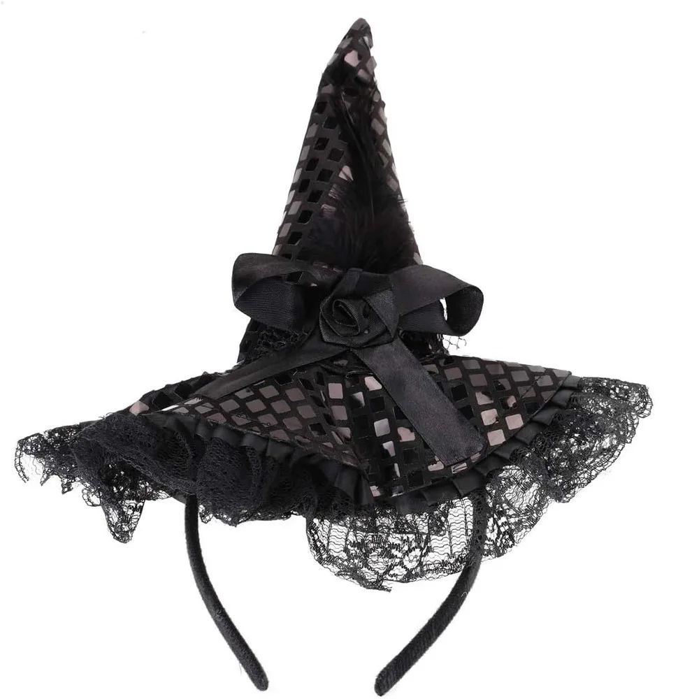 Gothic Halloween Witch Hat with Feathers & Lace – Elegant Witch Costume Accessory