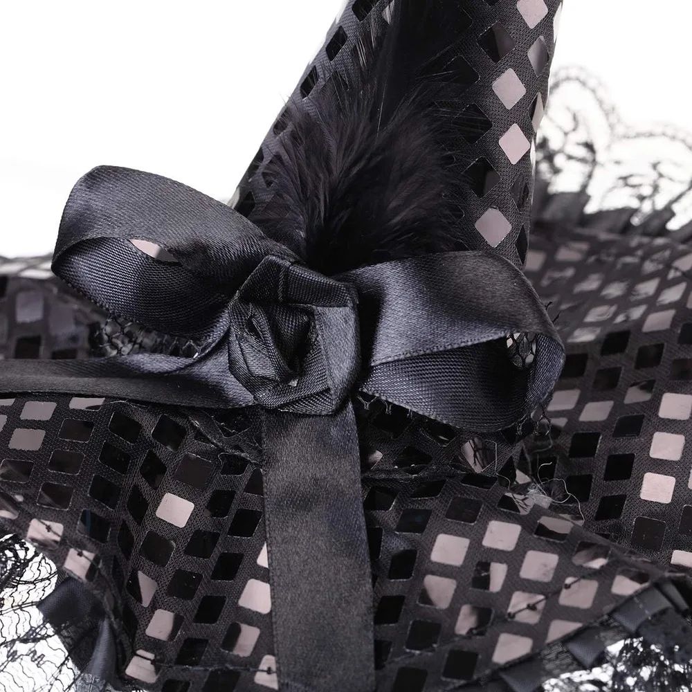 Gothic Halloween Witch Hat with Feathers & Lace – Elegant Witch Costume Accessory