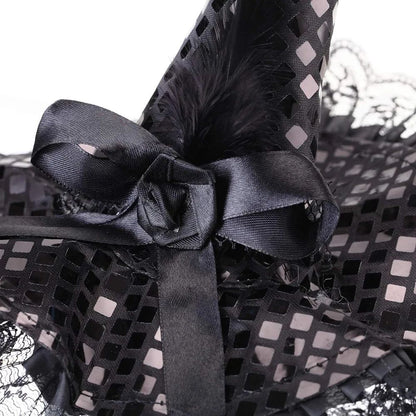 Gothic Halloween Witch Hat with Feathers & Lace – Elegant Witch Costume Accessory
