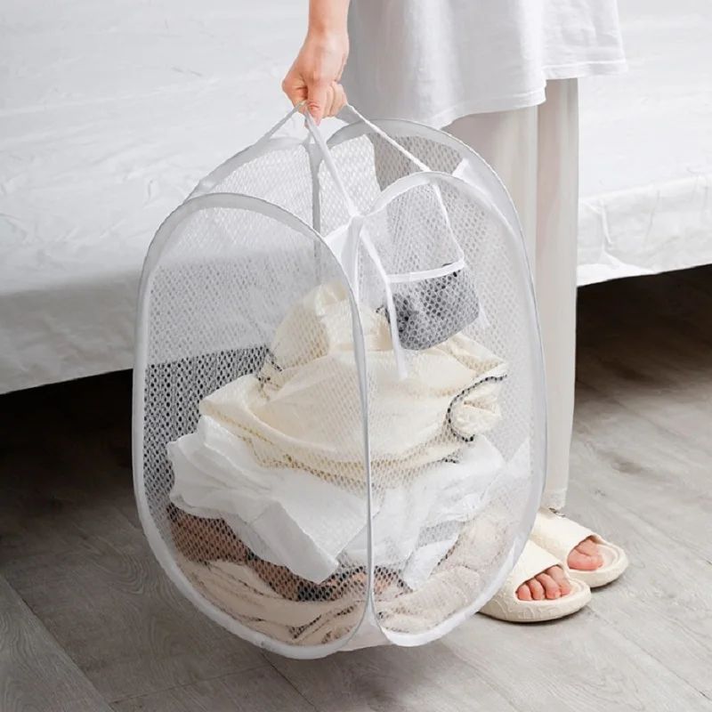 Foldable Mesh Laundry Basket with Handles, Portable Breathable Dirty Clothes Hamper for Bedroom & Bathroom Balcony Use