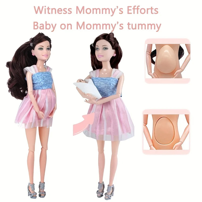 Pregnant Doll with Baby in Tummy, Mom Doll Toy Playset with Baby Dolls for Kids Gift