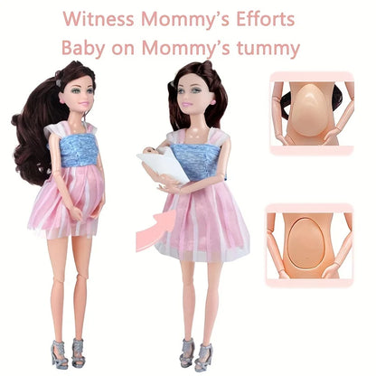 Pregnant Doll with Baby in Tummy, Mom Doll Toy Playset with Baby Dolls for Kids Gift