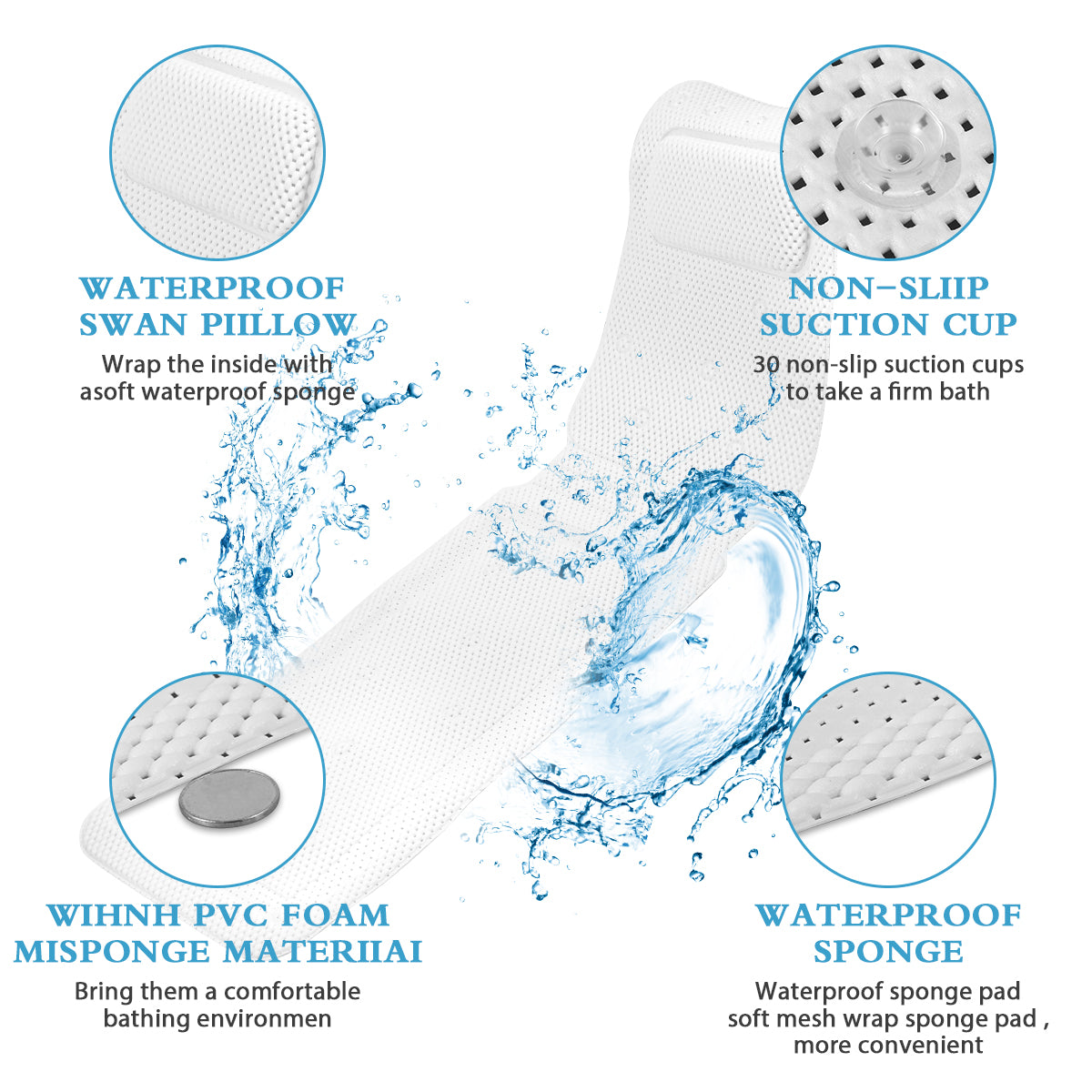 Non-slip Bathtub Cushion Mat with Suction Cup, Full Body Rest Bath Pillow, SPA Neck Cushion for Bathroom Safety