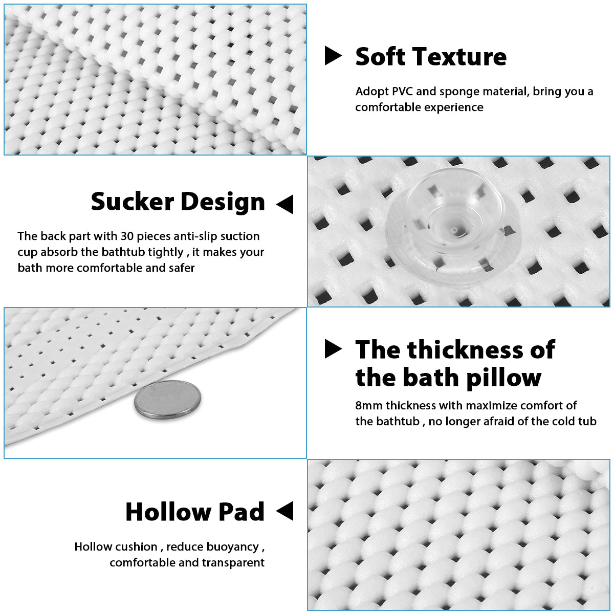 Non-slip Bathtub Cushion Mat with Suction Cup, Full Body Rest Bath Pillow, SPA Neck Cushion for Bathroom Safety