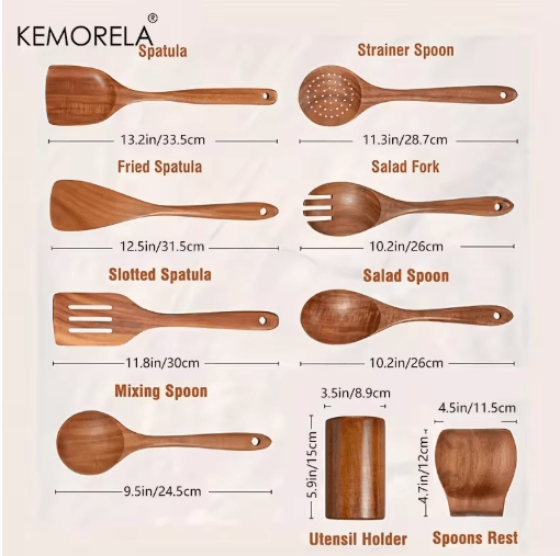 Teak Wooden Utensils Set with Holder 4/7/9-Piece Wooden Spoons for Cooking