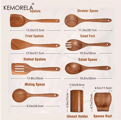 Teak Wooden Utensils Set with Holder 4/7/9-Piece Wooden Spoons for Cooking