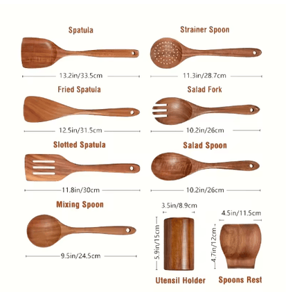 Teak Wooden Utensils Set with Holder 4/7/9-Piece Wooden Spoons for Cooking