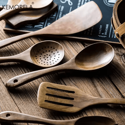 Teak Wooden Utensils Set with Holder 4/7/9-Piece Wooden Spoons for Cooking
