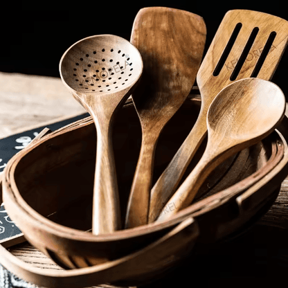 Teak Wooden Utensils Set with Holder 4/7/9-Piece Wooden Spoons for Cooking