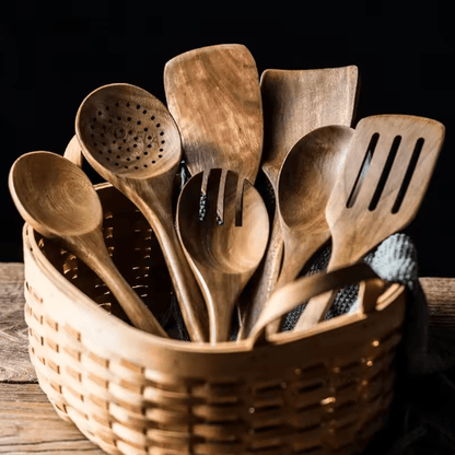 Teak Wooden Utensils Set with Holder 4/7/9-Piece Wooden Spoons for Cooking