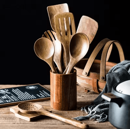 Teak Wooden Utensils Set with Holder 4/7/9-Piece Wooden Spoons for Cooking