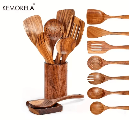 Teak Wooden Utensils Set with Holder 4/7/9-Piece Wooden Spoons for Cooking