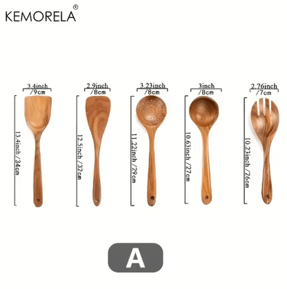 Thailand Teak Wooden Cooking Utensils Set 5-Piece Natural Wooden Kitchen Tools