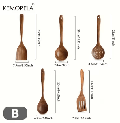 Thailand Teak Wooden Cooking Utensils Set 5-Piece Natural Wooden Kitchen Tools