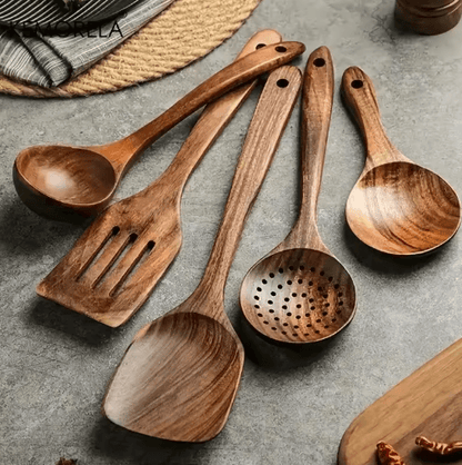 Thailand Teak Wooden Cooking Utensils Set 5-Piece Natural Wooden Kitchen Tools