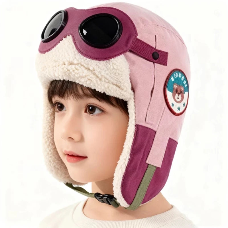 Windproof autumn winter children's pilot hat, ear protection with plush, warmth winter outdoor for children