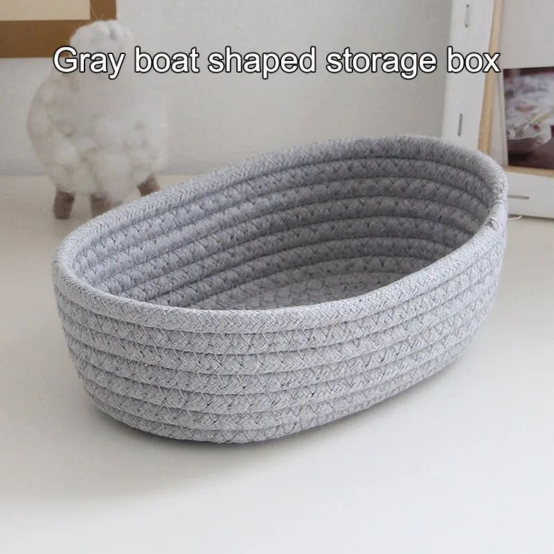 Hand Woven Cotton Rope Storage Basket Boat Shaped Organizer Bin for Toys Cosmetics Office Supplies Laundry Home Decor