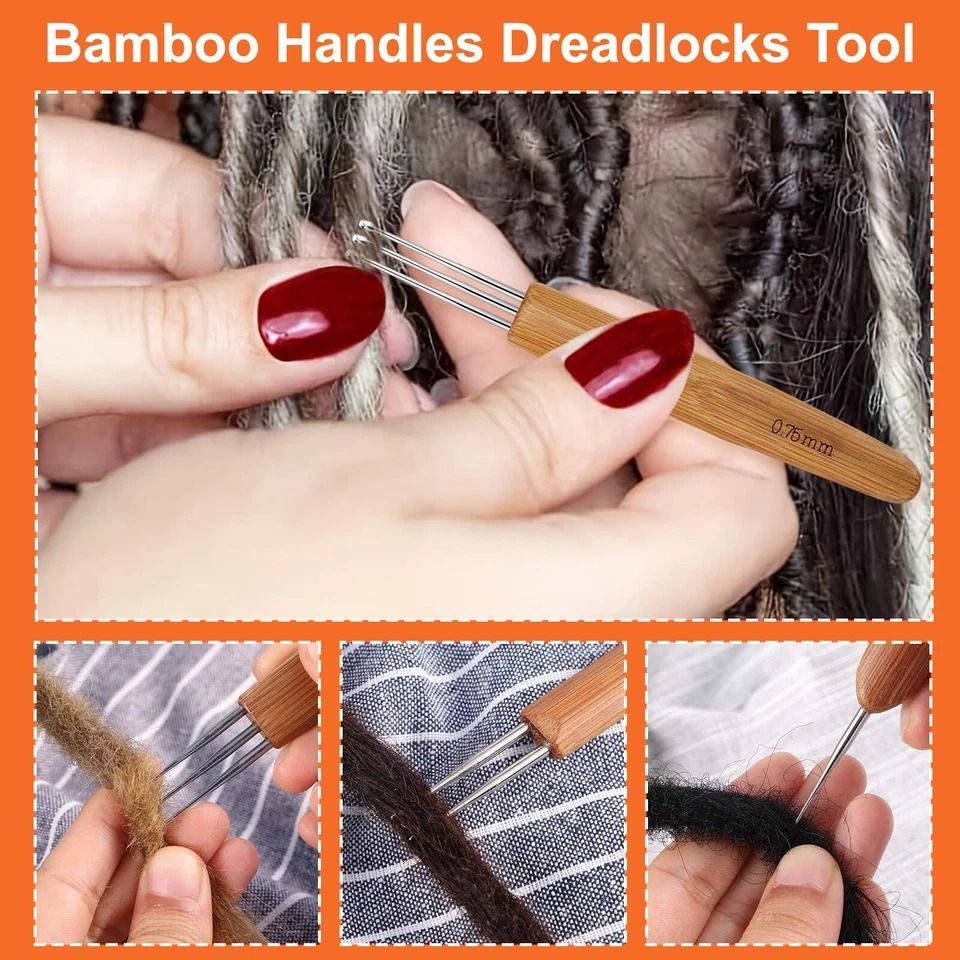 Dreadlock Crochet Hook Tool Set with Bamboo Handle, for Hair Braiding, Bent Latch Crochet Needle & Dreadlocks
