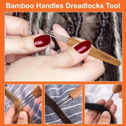 Dreadlock Crochet Hook Tool Set with Bamboo Handle, for Hair Braiding, Bent Latch Crochet Needle & Dreadlocks