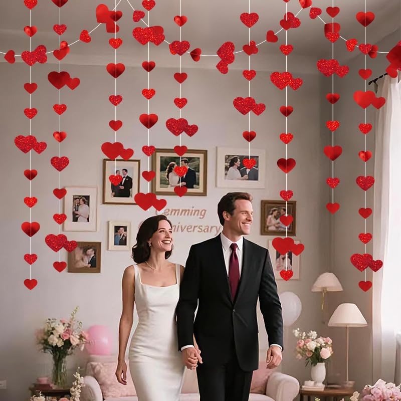 Glitter Paper Banner Wedding Red Heart Garland, Love Streamer for Birthday Parties, Home Hanging Decoration