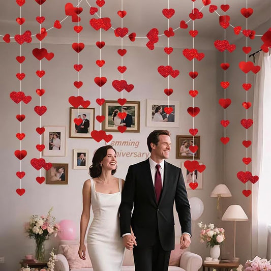 Glitter Paper Banner Wedding Red Heart Garland, Love Streamer for Birthday Parties, Home Hanging Decoration