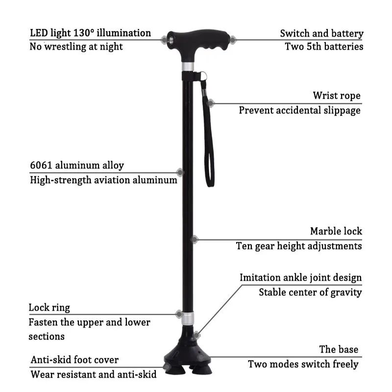 Premium Retractable Adjustable Walking Cane with LED Light for Seniors & Elders