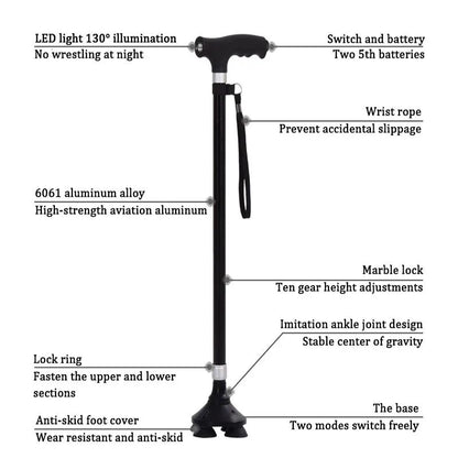Premium Retractable Adjustable Walking Cane with LED Light for Seniors & Elders