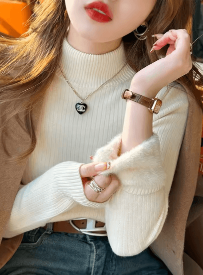 Womens Turtleneck Sweater Velvet Lined Thermal Knit Winter Top