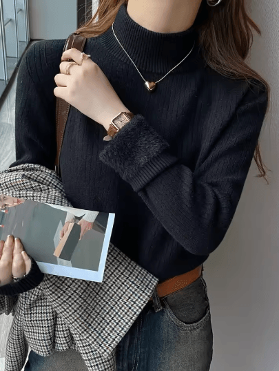 Womens Turtleneck Sweater Velvet Lined Thermal Knit Winter Top