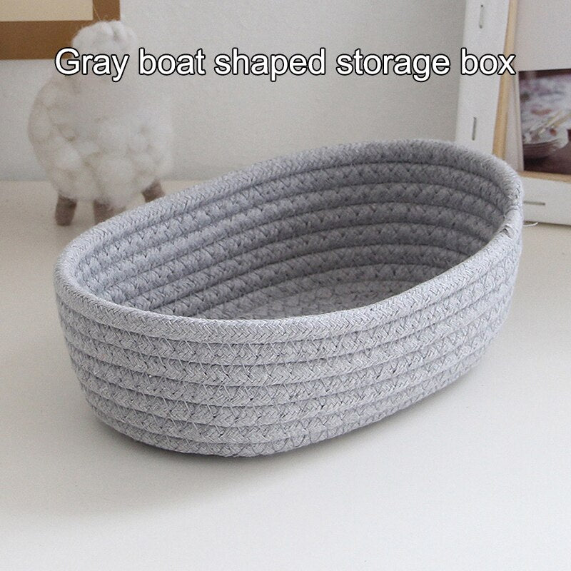 Hand Woven Cotton Thread Storage Basket, Boat-Shaped Storage Box for Toys, Cosmetics, Office, and Stationery