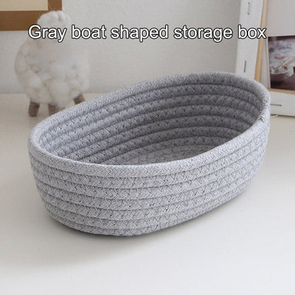Hand Woven Cotton Thread Storage Basket, Boat-Shaped Storage Box for Toys, Cosmetics, Office, and Stationery