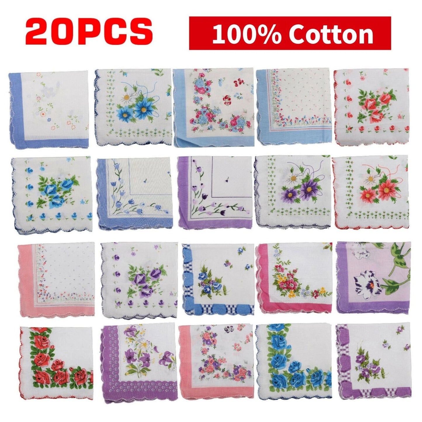 Classic Cotton Lady Handkerchiefs - Vintage Floral Pocket Squares for Women