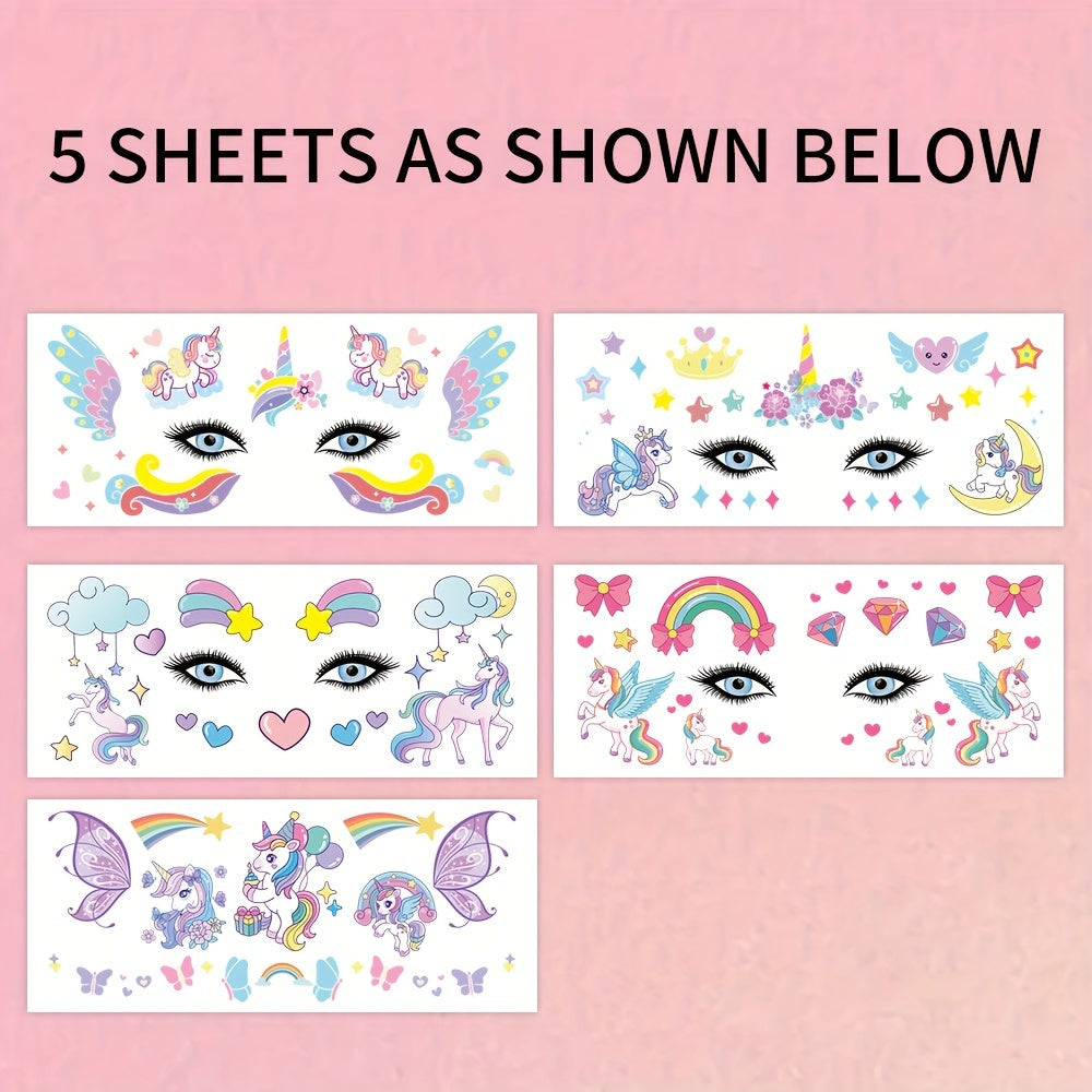 Cute Rainbow Unicorn Temporary Tattoos, Face & Body Stickers for Parties, Music Festivals, Birthday Gifts