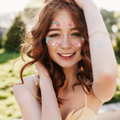 Cute Rainbow Unicorn Temporary Tattoos, Face & Body Stickers for Parties, Music Festivals, Birthday Gifts