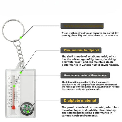 Compass and Thermometer Keychain Outdoor Survival Multi-Tool with Pocket Size Design for Hiking & Adventure.