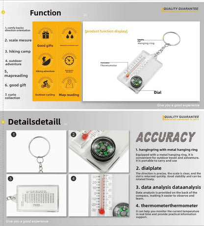 Compass and Thermometer Keychain Outdoor Survival Multi-Tool with Pocket Size Design for Hiking & Adventure.