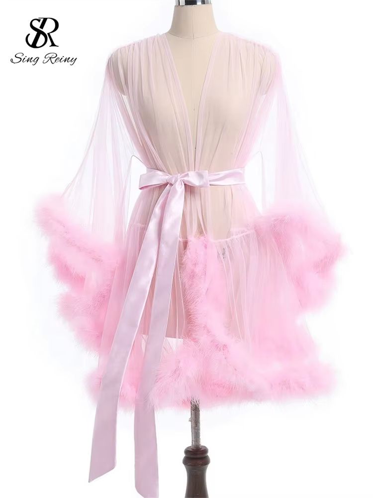 SINGREINY Sheer Lace Shapewear Robe for Women with Long Sleeves