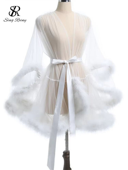 SINGREINY Sheer Lace Shapewear Robe for Women with Long Sleeves
