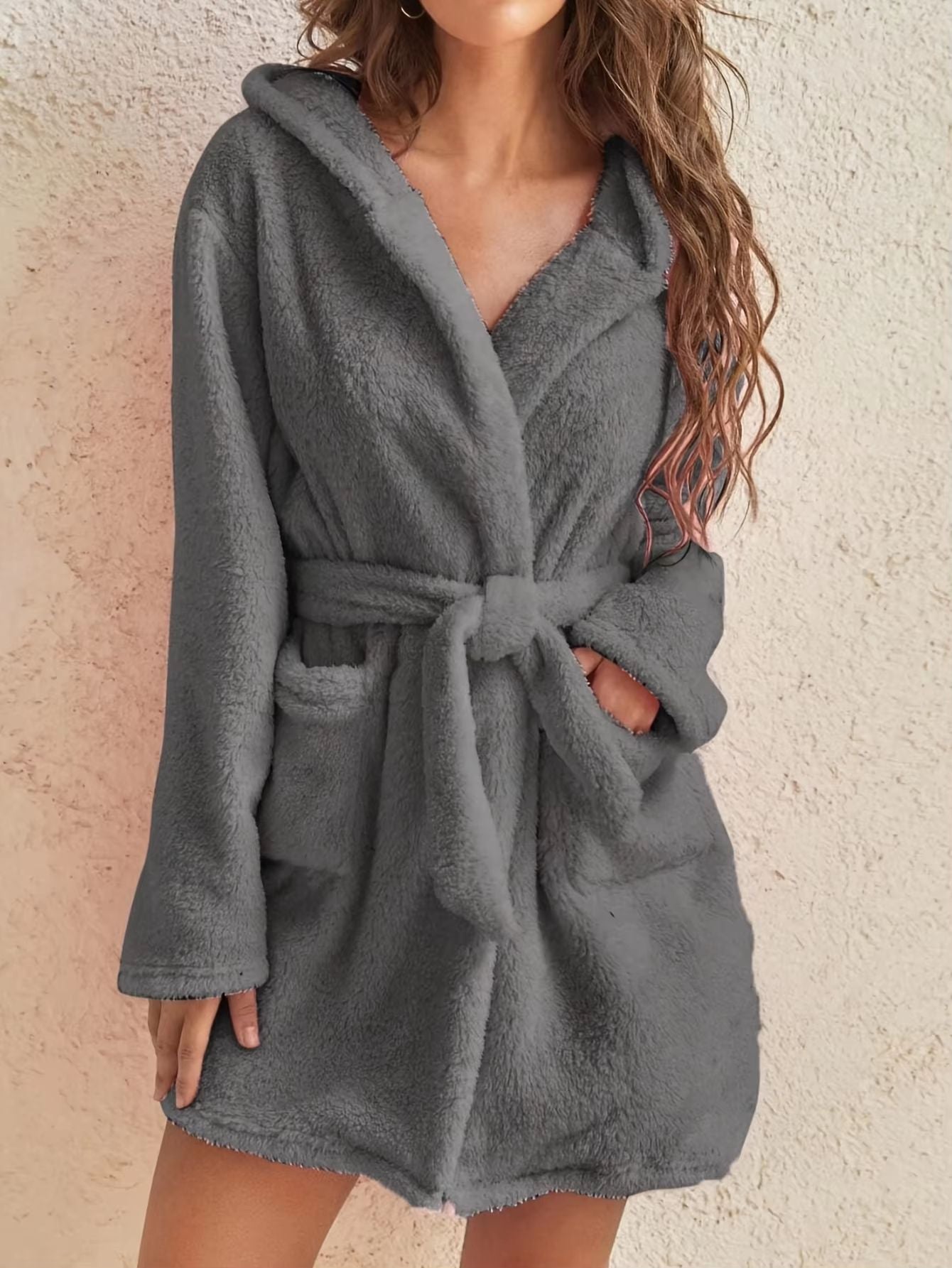 Women's Cozy Hooded Fleece Robe with Belt for Autumn Winter Loungewear