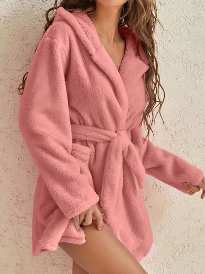 Women's Cozy Hooded Fleece Robe with Belt for Autumn Winter Loungewear